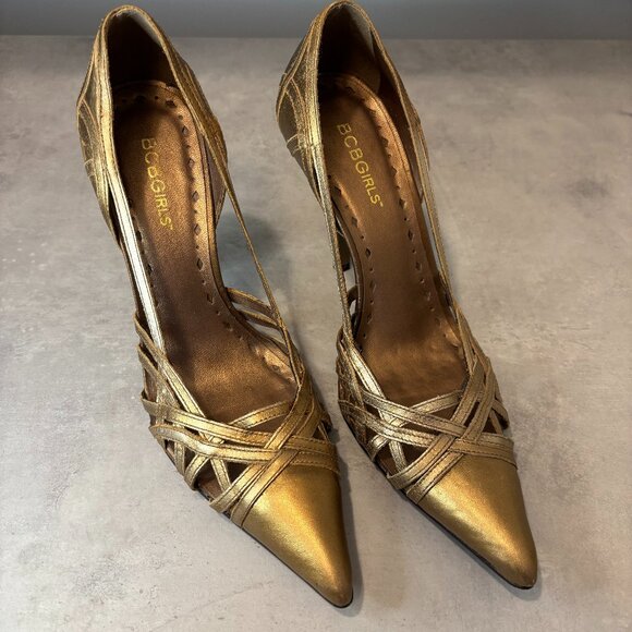 BCBGirls Genuine Leather Metallic Gold High Heel Shoes Size 8 - Picture 1 of 8